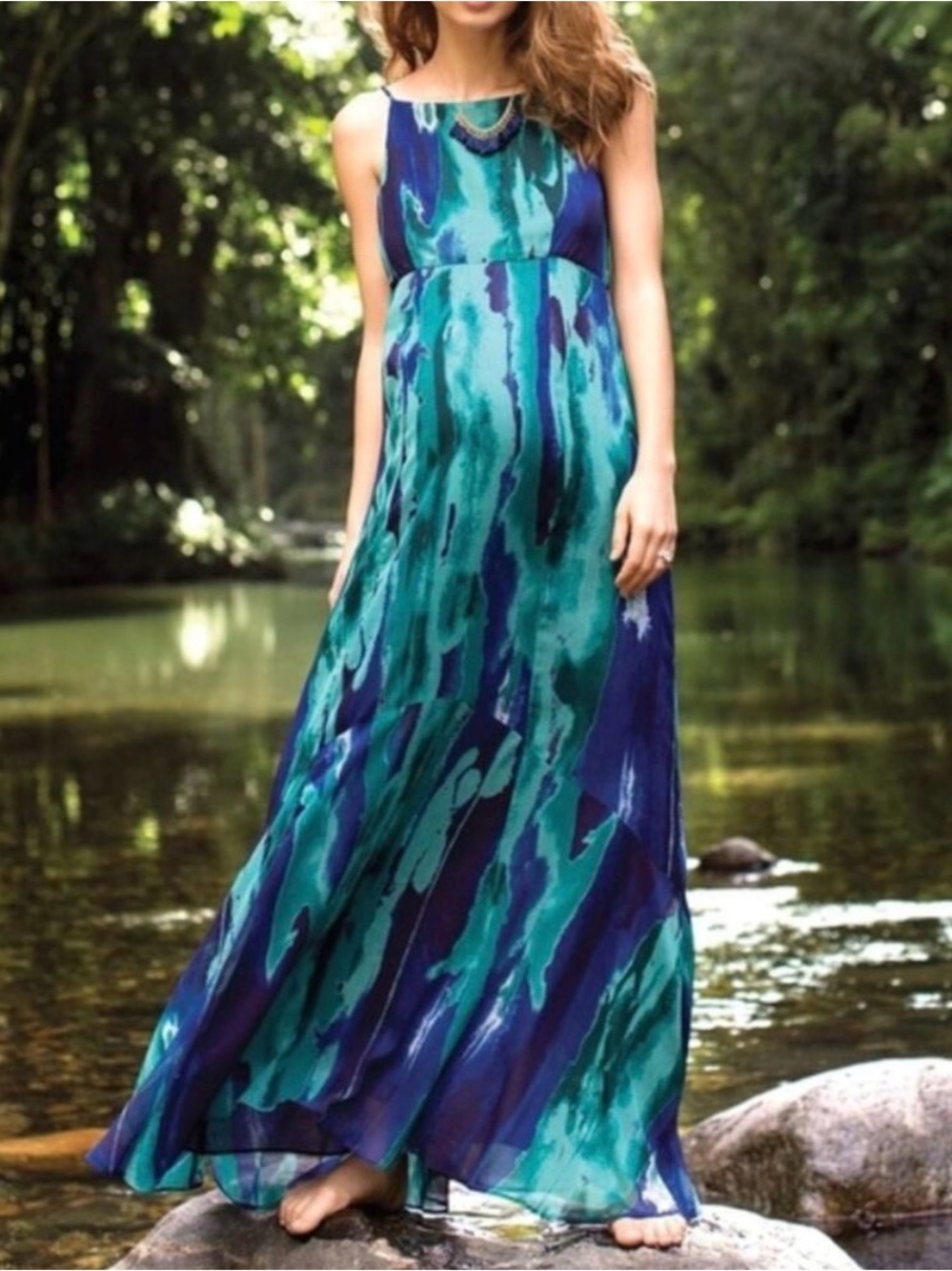 A Pea in the Pod Blue and Teal Printed Maxi Dress